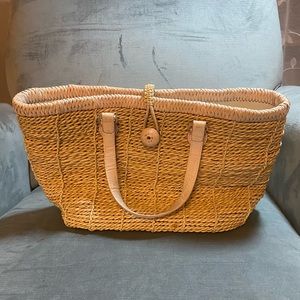 Brighton Straw Tote with pink trim, no callouts, 16”x9”X 5.5”body, nice swim bag